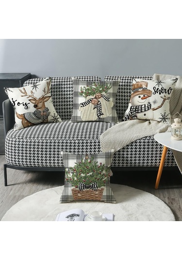 Vkemall 4 Adet Kış Dekoratif Yastık Kılıfı - 45x45 Cm, Geyik Ve Karbon Figürleri, Noel Temalı Yastık Örtüsü Seti Bej