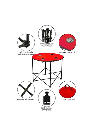 Yuvarlak Katlanır Kamp Masası, Taşıma Çantalı Kamp Masası, Piknik Masası-kırmızı-71x71x60 Siyah