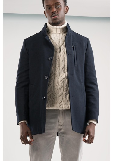 Slimfit Hakim Yaka Düğme Kapamalı Yan Cepli Astarlı Tek Yırtmaçlı Yünlü Kaşe Kaban Lacivert