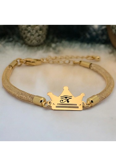 Archin Şans Temalı Hasır Kordonlu Taç Figürlü 14 Ayar Altın Plakalı Hediye Bileklik-464sembol Horus Gözü