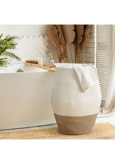 Themis Çamaşır Sepeti, Kirli Elbise Sepeti, Hasır Pamuk Halat Uzun Çamaşır Sepeti, Ev Dekoru Beyazjüt