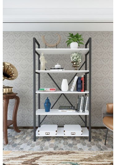 Wood House - Deniz Metal 5 Raflı Kitaplık-beyaz