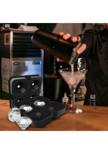 Ranyeek Siyah Gıda Grubu Silikon Buz Kalıbı - Elmas Şekilli 4 Lü Buz Küpü - Whiskey İçin Ideal Soğutma