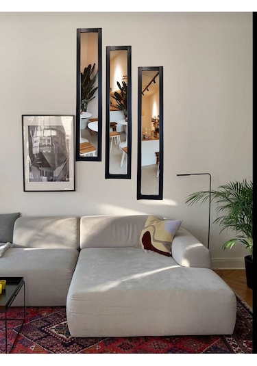 Siyah Ahşap Çerçeve Dekor Ayna 3lu Duvar Dekor Aynalar Siyah