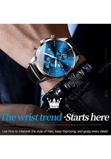 Olevs 2880 Erkekler Çok Fonksiyonlu İş Su Geçirmez Deri Kayış Kuvars İzle Mavi