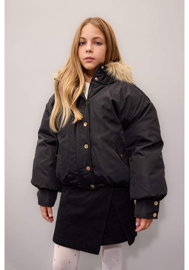 DeFacto Kız Çocuk Kapüşonlu Çıtçıt Kapamalı Fermuarlı Cepli Mont C5488A824WNBK27 Siyah