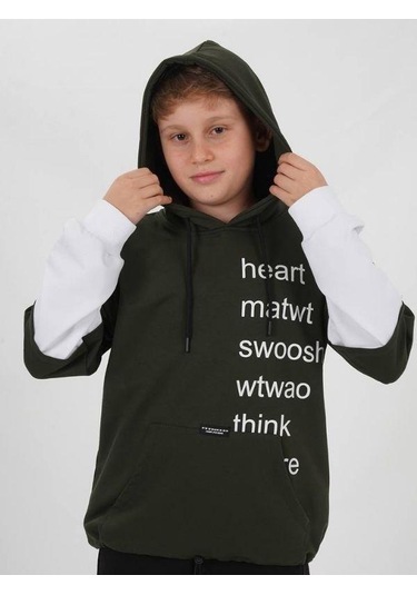 Çocuk Pamuklu Kapüşonlu Heart Mat Yazılı Sweatshirt-14830 Haki