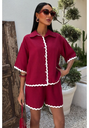 Kadın Mürdüm Keten Biye Detaylı Kısa Kollu Takım Mürdüm