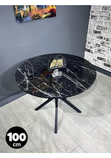 Sedef Siyah Mermer Yuvarlak Mutfak Masası Yemek Masası Balkon Masası Metal Siyah Ayak 100 Cm