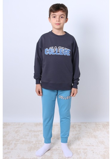 Erkek Çocuk Eşofman Takımı College Kabartmalı 4 Mevsim Ribanalı F6 Mavi