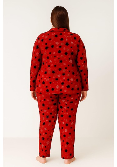 Kadın 02170 Büyük Beden Süet Düğmeli Pijama Takımı Kırmızı Kırmızı