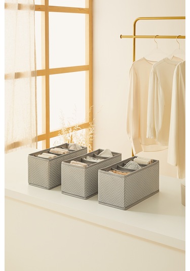 Ocean Home Textile 3'lü Bölmeli Gri Balıksırtı Çekmece İçi Düzenleyici Kutu Set 13 x 28 x 13 cm