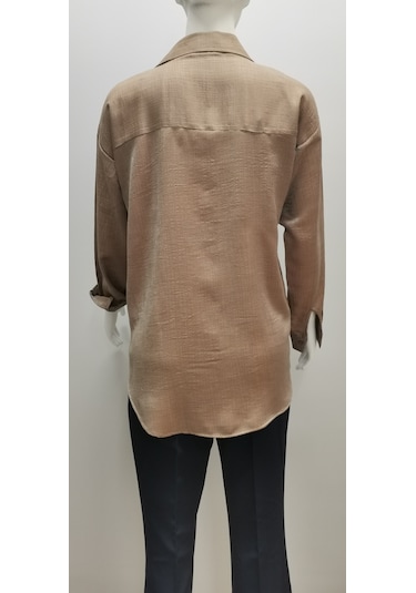Kadın Uzun Kollu Düğmeli Salaş Parlak Dokuma Kumaş Kahve Rengi Kahverengi