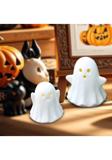 Homyl Cadılar Bayramı Ev Rafı Için 2 Adet Led Seramik Hayalet 16cmx11,5cmx10,5cm
