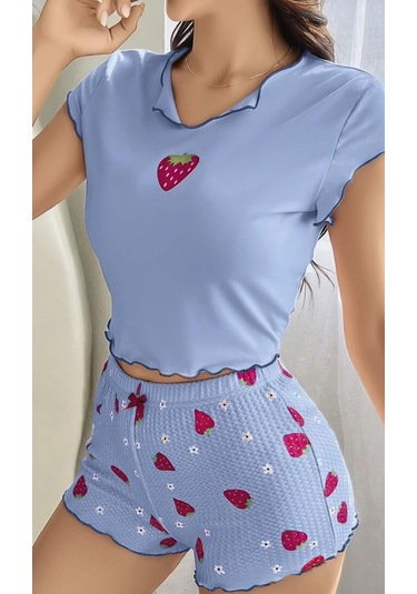 Çilek Desenli Mavi Seksı Pijama Takım Mavi