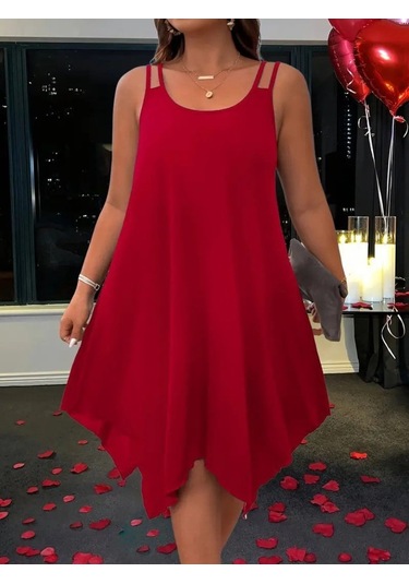 Kadın Askılı Yuvarlak Asimetrik Kesim Detaylı Viskon Elbise Bordo