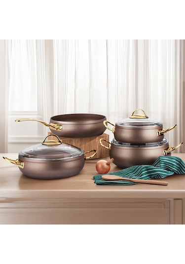 Lines L-5094-2 Yonca Güveç 7 Parça Tencere Seti Bakır Altın Kulp