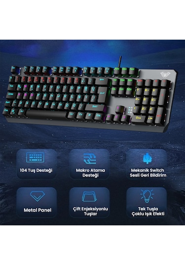 Aula F2066 Blue Switch Rgb Makrolu Kablolu Gaming Türkçe Mekanik Oyuncu Klavyesi