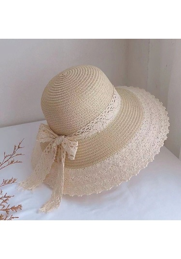 Dantel Detaylı Plaj Şapkası, Hasır Güneşlikli Yaz Aksesuarı, Şık Ve Rahat Kumsal Şapkası Yeşil