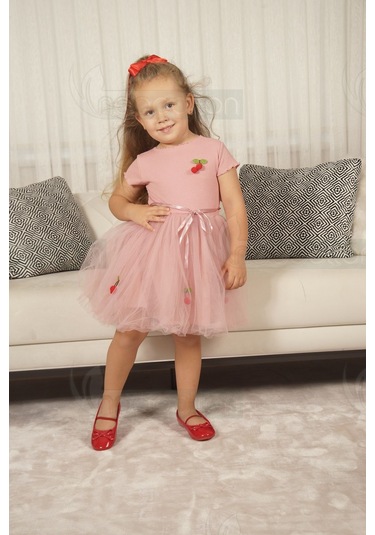 Tüllü Astarlı Esnek Kirazlı Elbise Kısa-gülkurusu Gülkurusu