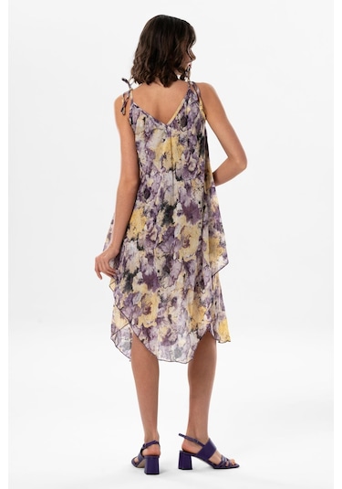 Kadın Askılı Vual Afrodit Midi Boy Yazlık Elbise Batik Mor 6207 Mor