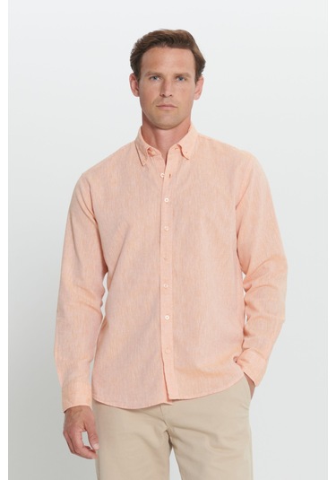AC&Co / Altınyıldız Classics Erkek Turuncu Comfort Fit Rahat Kesim Düğmeli Yaka Keten Gömlek - Turuncu