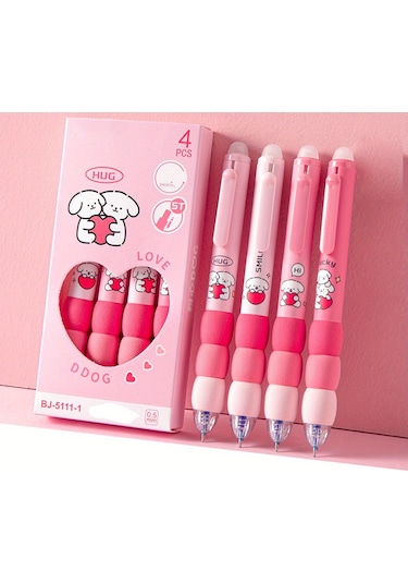 Tcherchı 4 Parça Sevimli Karikatür Silinebilir Jel Kalemler, 0,5 Mm Pembe