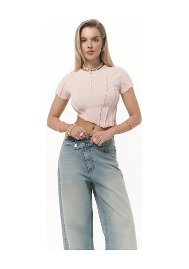 Norris Asimetrik Pembe Crop Pembe