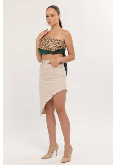 Shevega Kadın Bej Etek Püskül Asimetrik Kesim Keten Etek Bej