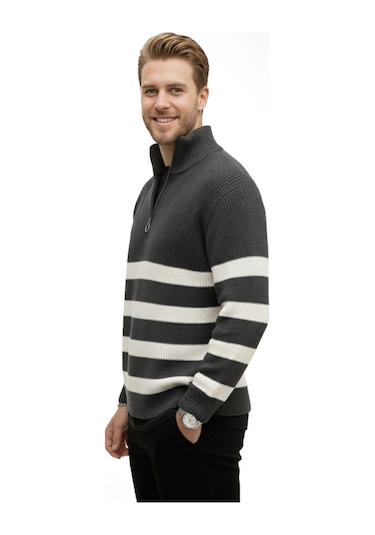 Deepsea Erkek Füme Yarım Fermuarlı Oversize Kesim Triko Kazak Pamuklu Yumuşak Örgü Çizgili Kazak 2608513 Füme Deepsea Erkek Füme Yarım Fermuarlı Oversize Kesim Triko Kazak Pamuklu Yumuşak Örgü Çizgili Kazak 2608513 Füme