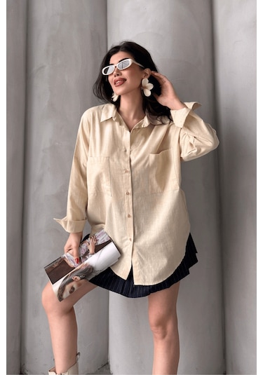 Paw Garage Kadın Harper Çift Cepli Oversize Keten Gömlek, 2025 Summer Collection Taş