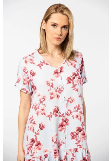 Türen 3603 Kadın Kısa Kollu Dokuma V Yaka Önden Düğmeli Elbise-mavi Mavi