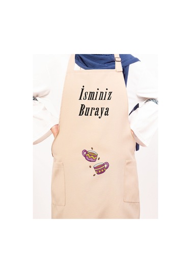 Mutfak Önlüğü Kişiye Ve İsme Özel Nakışlı Mutfak Önlüğü İkili Kupa Farklı Renkler Krem