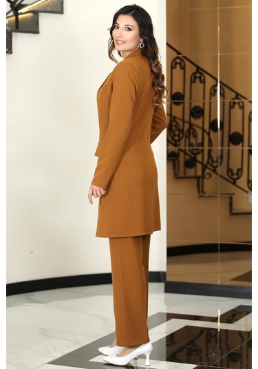 Parla Uzun Ceket Pantolon İkili Tesettür Takım Taba Taba