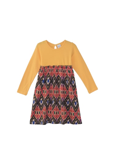 Lovetti Kavun Sarı Kız Çocuk Kilim Desen Uzun Kol Elbise 7910H006 Sarı