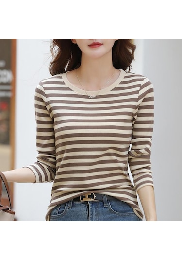 İlkbahar Ve Sonbahar Kadın Bluz Yuvarlak Yaka Moda Şerit İnce Uzun Kollu Üst Kahve Kahverengi