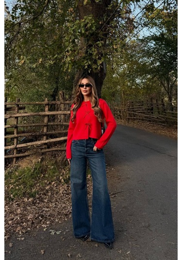 Kırmızı Fiyonk Boncuk Detaylı Hırka - 251072 Kırmızı