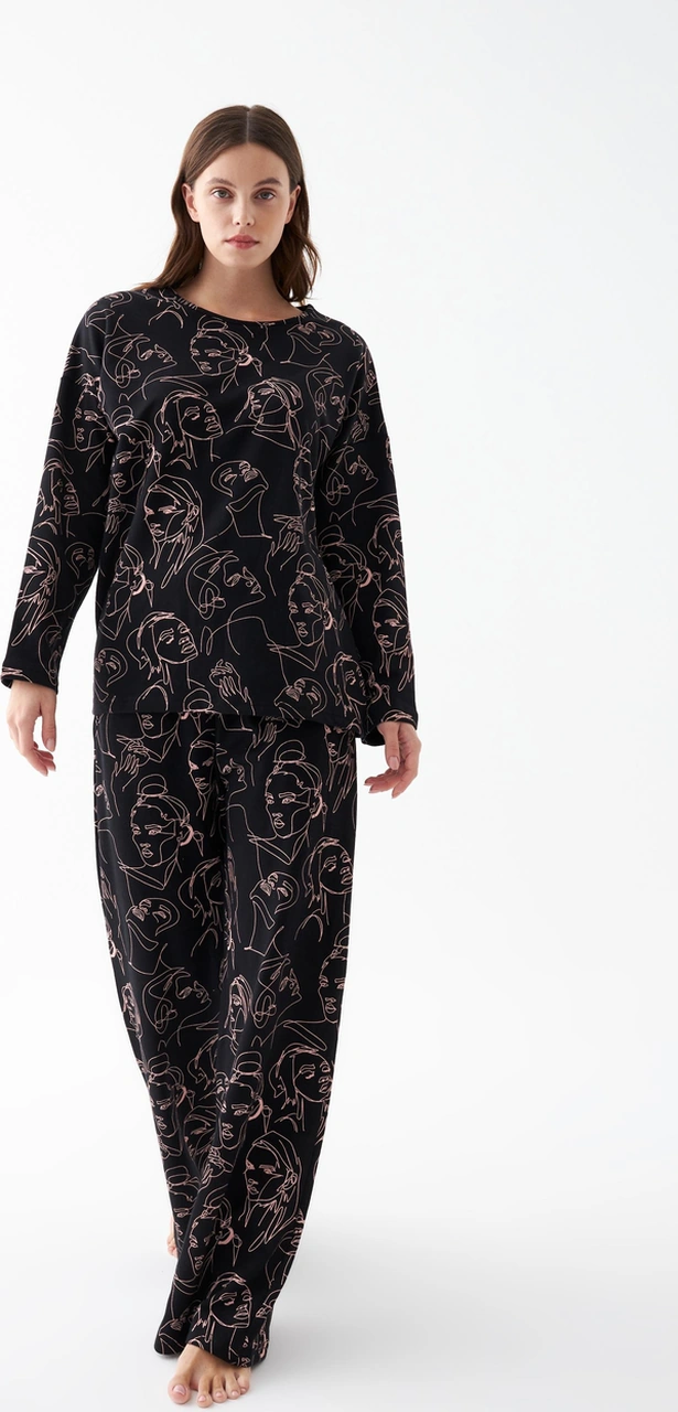 Akbeniz Kadın Oversize Siyah Line Art Desenli Pamuklu Kalın Pijama Takımı Siyah