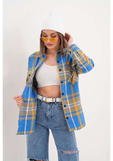 Kadın Desen Bloklu Oduncu Oversize Bol Ve Geniş Kalıp Casual Cepli Yakalı Ceket Gömlek Çok Renkli