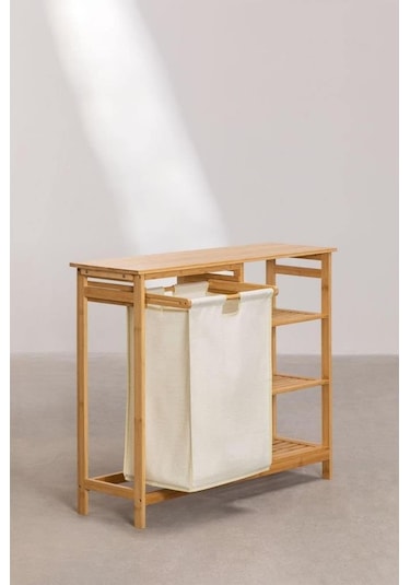 Digithome Bambu 3 Raflı 1 Bölmeli Kirli Sepetli Banyo Düzenleyici Çamaşır Sepeti Organizer Db-0008 Ahşap