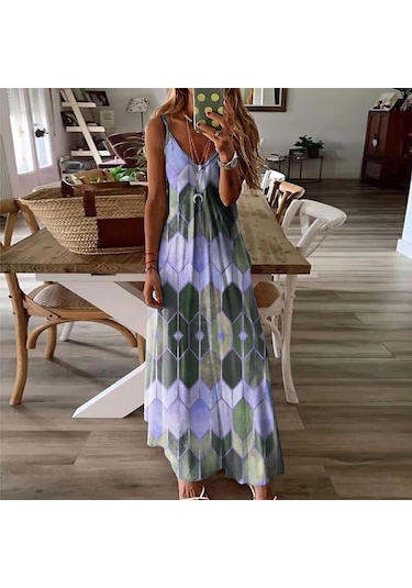 Mavi Kadın Etek Yaz Gündelik Baskı Yular Tank Elbise Uzun Elbise