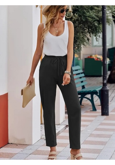 Modaserdem Kadın Beli Lastikli Keten Pantolon Siyah