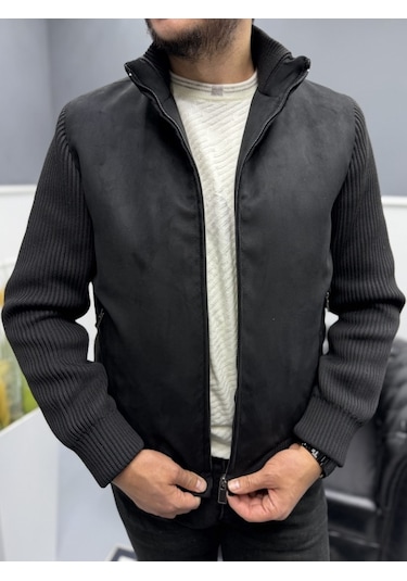 Avni Ceylan Erkek Nubuk Triko Kol Detaylı Slim Fit Mont Siyah