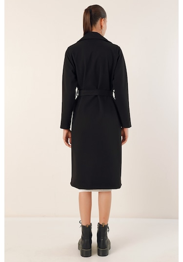 Bigdart9118 Kruvaze Yaka Kaşe Kaban - Siyah 001