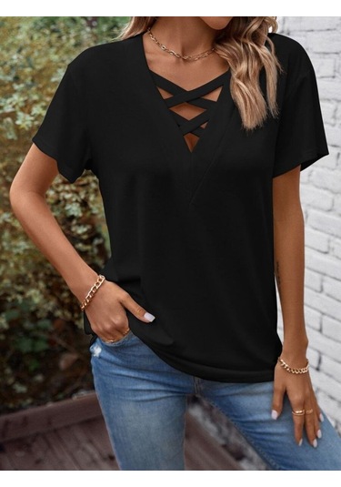 Ahes Shopping Kadın Kısa Kollu Önden Çapraz Detay V Yakalı Viskon Bluz Siyah