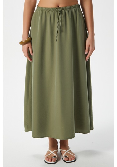Kadın Trend Modal Serin Kumaş Haki Bel Lastikli Cepli Rahat Kalıp Uzun Etek