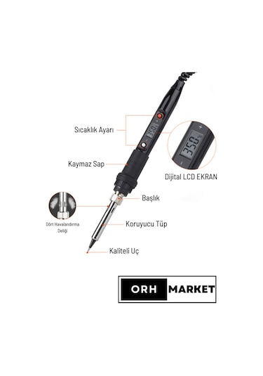 80W Dijital LCD Lehim Havya Seti – Sıcaklık Ayarlı, Seramik Rezistörlü + 5 Uç