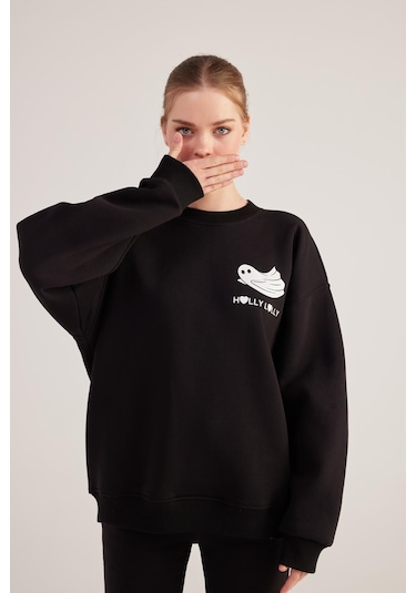 Holly Lolly Oversize Kesin Unisex Ghosting Sweatshirt Siyah