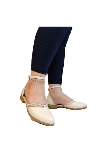 Fiyra 4050 Bej Taşlı Bilek Bağlı Karnıyarık Bayan Babet Sandalet Bej