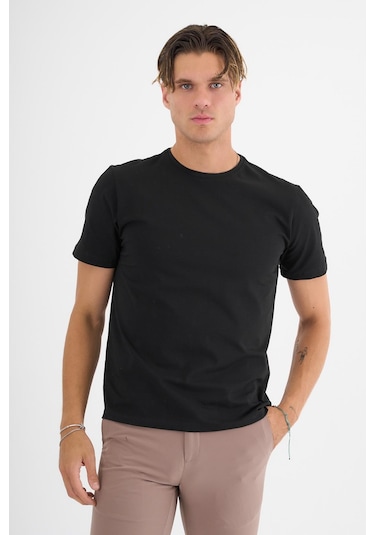 Erkek Siyah %100 Pamuklu Standart Kalıp Likralı Basic T-shirt Siyah